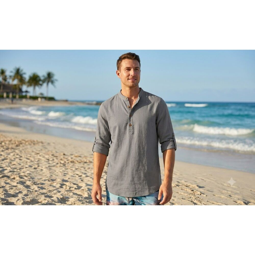 Nitagut Men Henley Shirt XL Gray Cotton Linen Blend Roll Tab Sleeve Beach Resort
